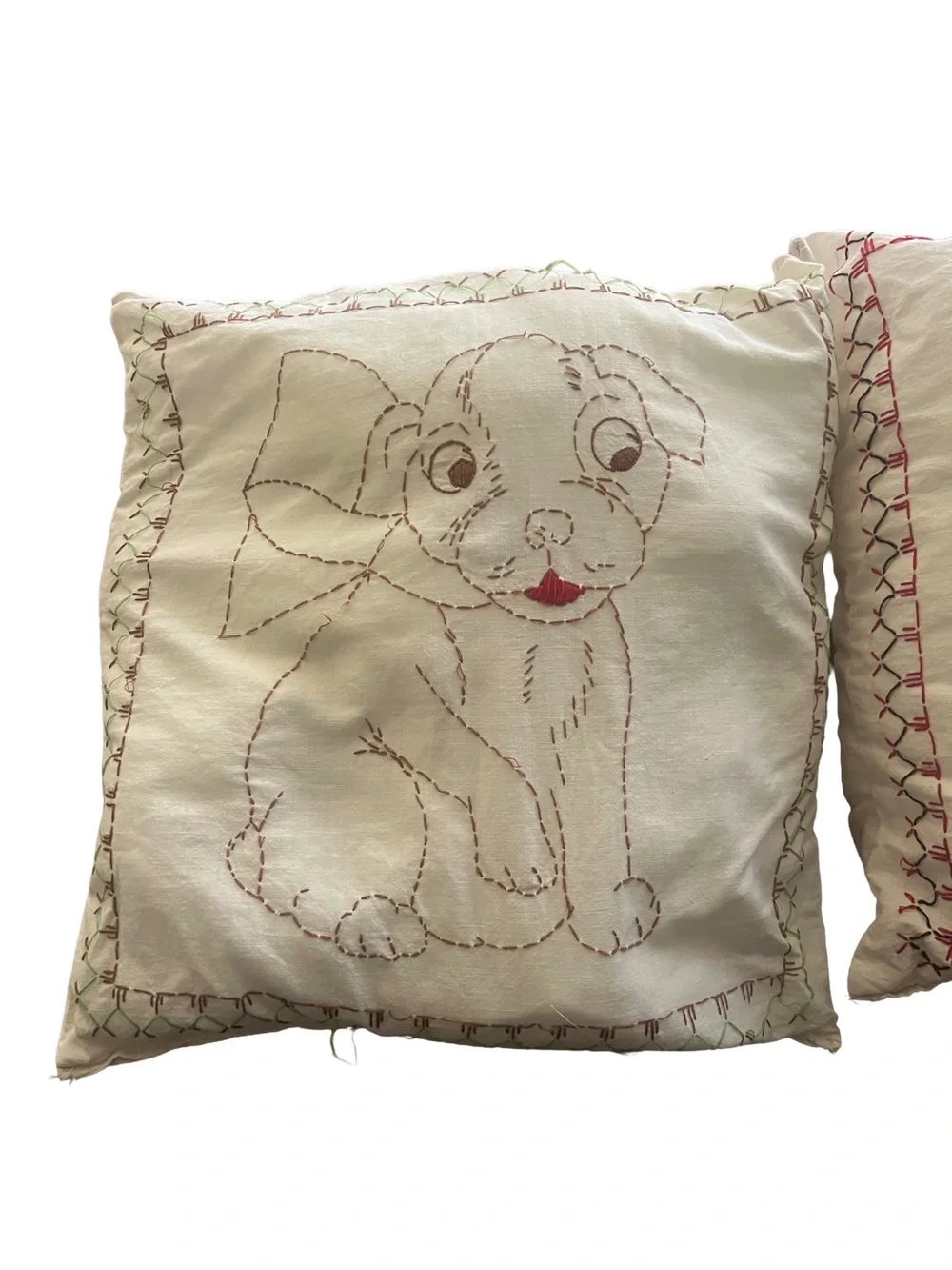 Embroidered Puppy & Kitten Throw Pillows (2) - retro nursery decor vintage